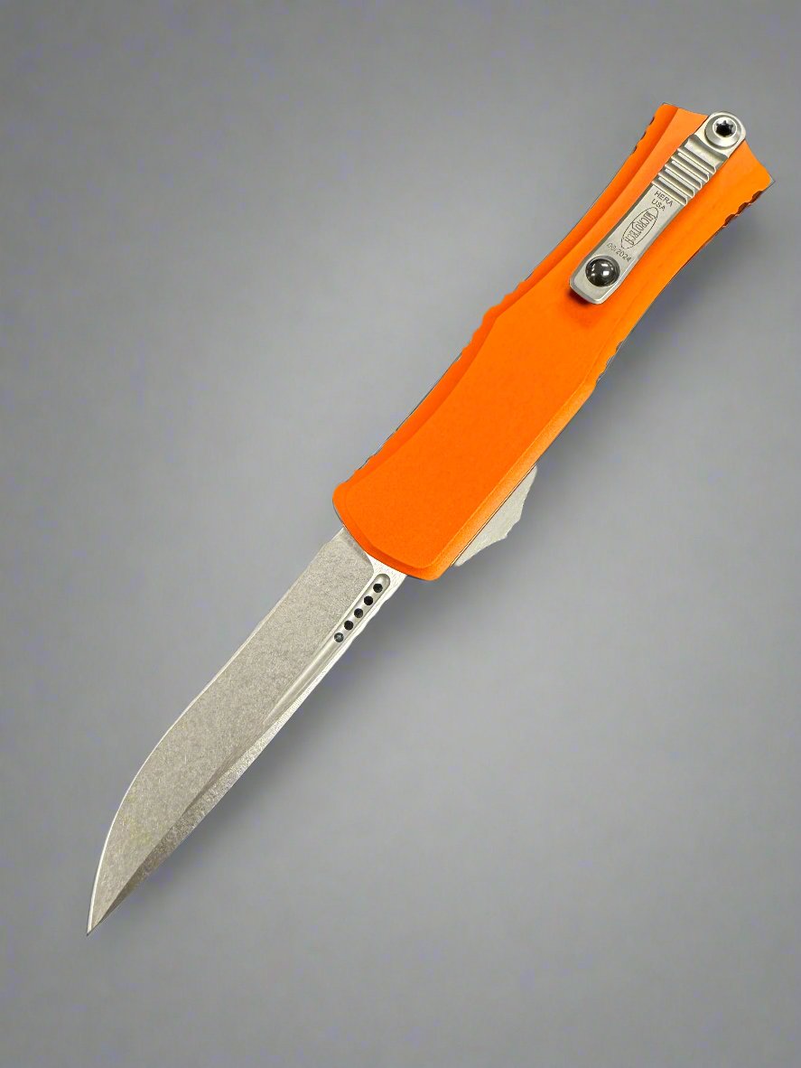 Microtech Knives Mini Hera Stonewash Recurve M390MK w/ Orange Handle 1705M-10 OR