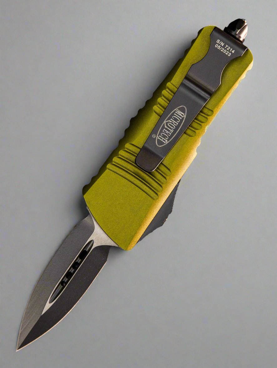 MICROTECH MINI TROODON OTF KNIFE- DOUBLE EDGE- OD GREEN HANDLE- BLACK BLADE 238-1 OD