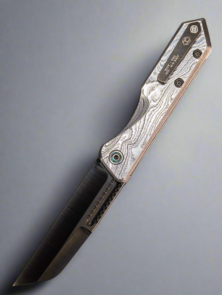 HERETIC CUSTOM JINN - SLIP JOINT WOOD GRAIN DAMASCUS HANDLE ABALONE ACCENTS 3" DLC MAGNACUT