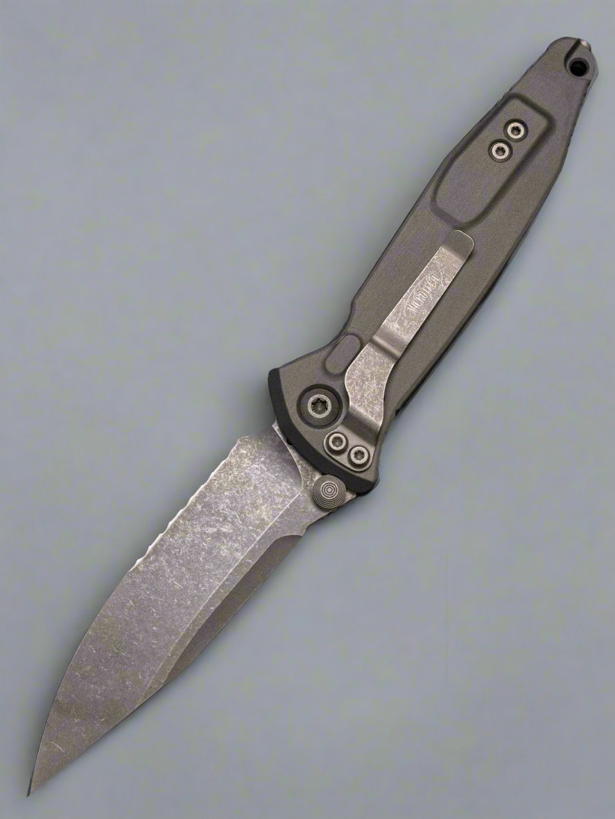 MICROTECH SOCOM ELITE MANUAL FOLDING KNIFE NATURAL Aluminum 4" CLIP POINT APOCALYPTIC STONEWASH SERRATED 160-11 APNC