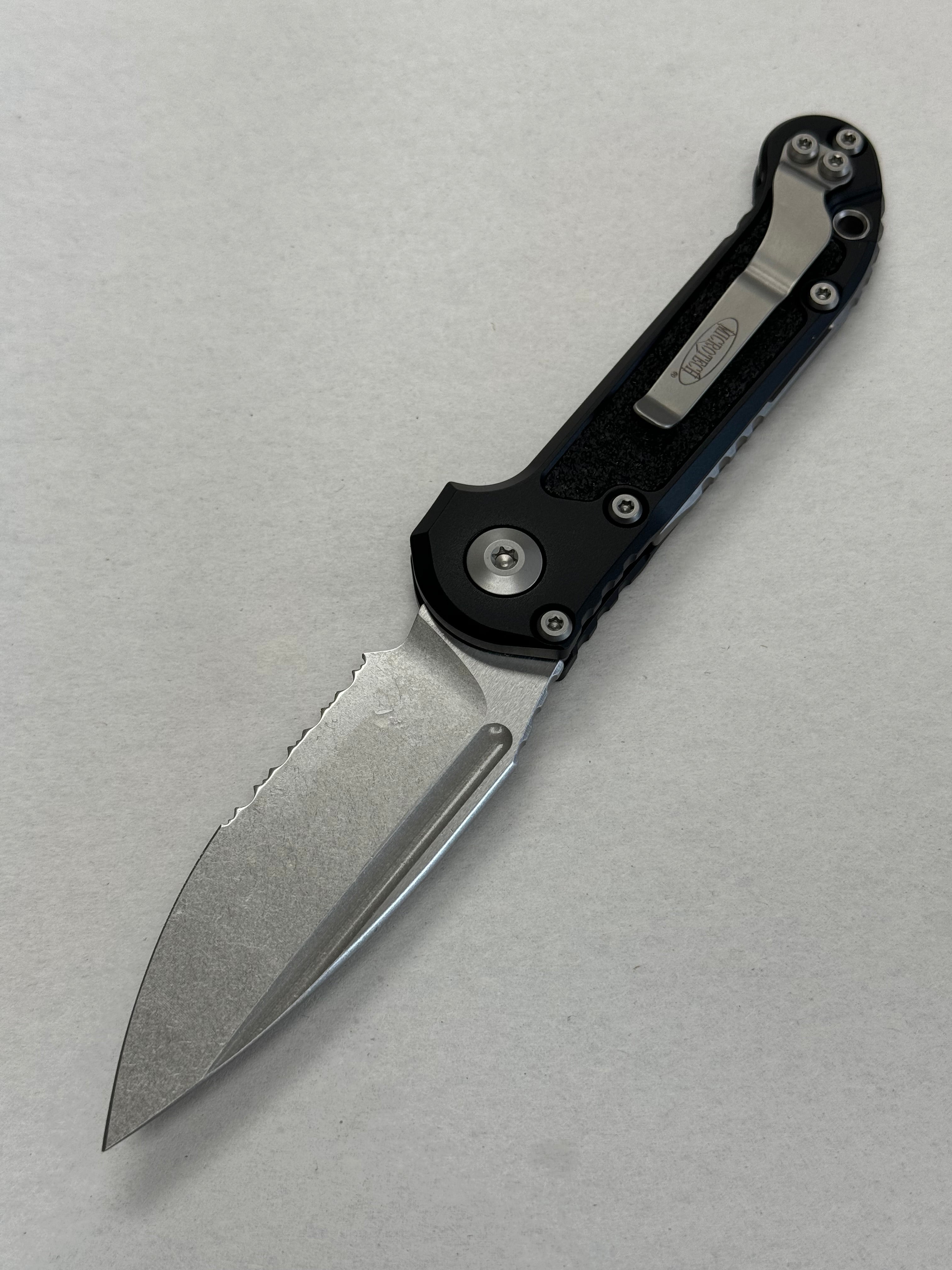 Microtech Knives LUDT Gen III Stonewash Partial Serrated Drop Point w/ Black Handle 1135-11