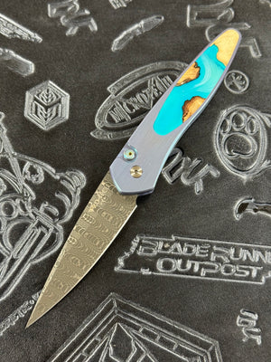 Pro-Tech Knives Newport Automatic Knife 2024 Unique Titanium Custom  with River Inlay, Titanium Frame, Milled Titanium Clip, MOP Button Damascus 3" Blade