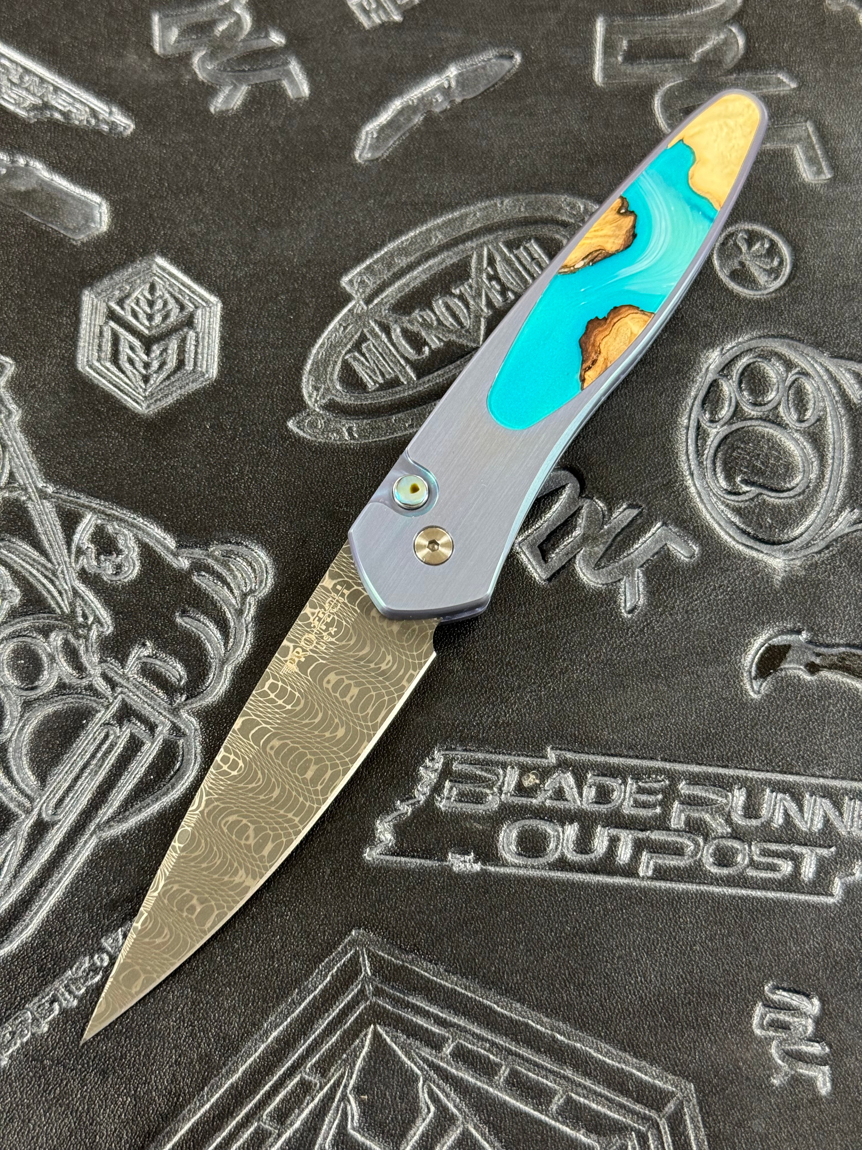 Pro-Tech Knives Newport Automatic Knife 2024 Unique Titanium Custom  with River Inlay, Titanium Frame, Milled Titanium Clip, MOP Button Damascus 3" Blade