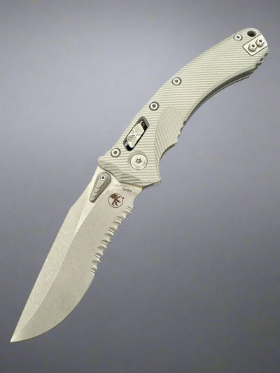 MICROTECH AMPHIBIAN RAM-LOK FOLDING KNIFE FLUTED NATURAL GREY ALUMINUM 3.9" APOCALYPTIC STONEWASH SERRATED 137RL-11APFLNC