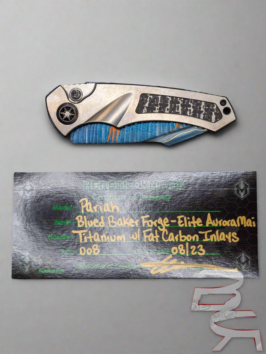 Pre Owned HERETIC KNIVES CUSTOM PARIAH- OTS AUTO- TITANIUM FRAME- FAT CARBON SNAKESKIN INLAY- BLUED BAKER FORGE ELITE AURORAMAI DAMASCUS BLADE- FAT CARBON SNAKESKIN BUTTON INLAY