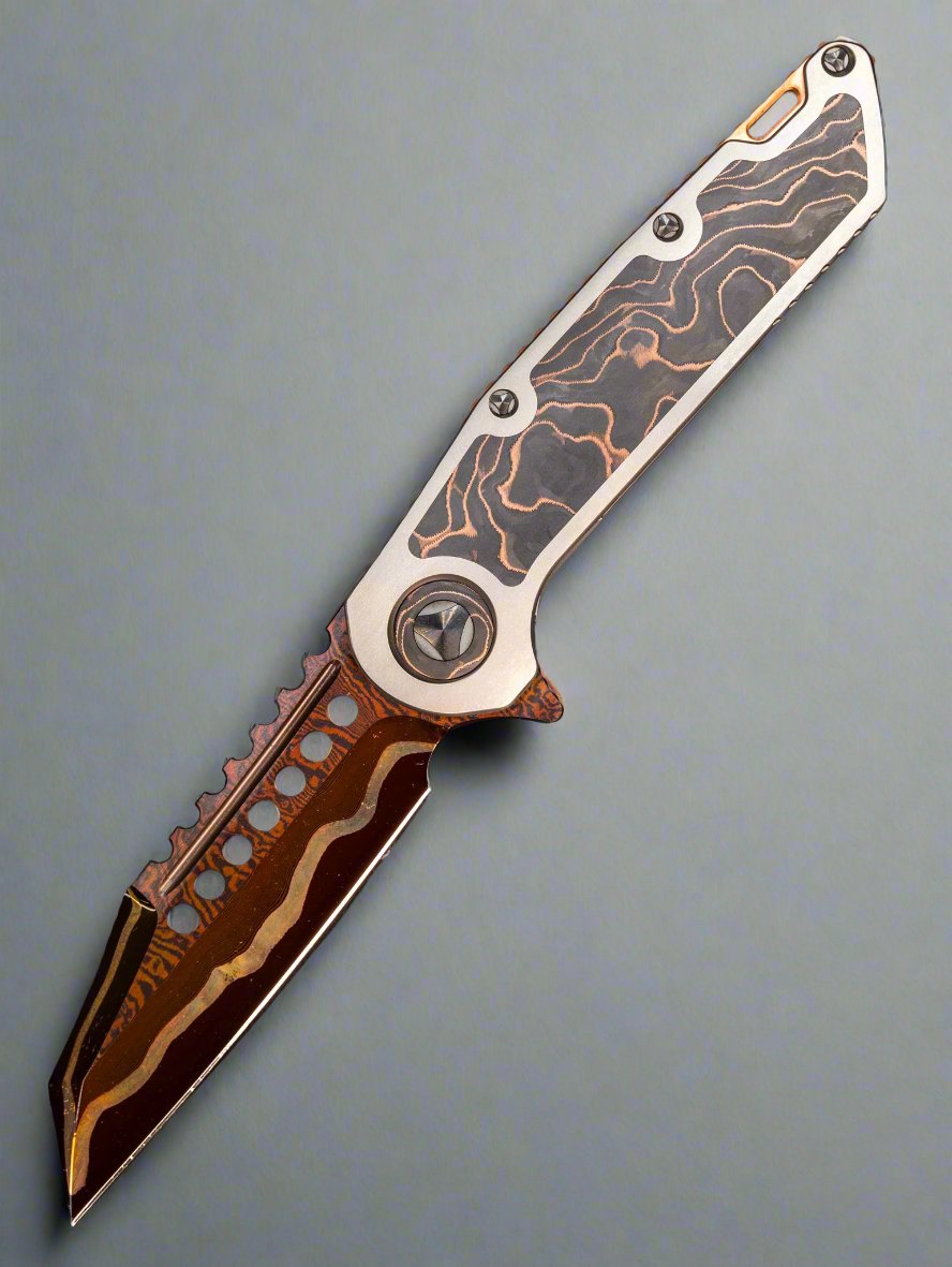 Marfione Custom Knives Warhound Sunset GoMai Baker Forge Damascus w/ Titanium & Protech Composites Copper CF Inlay