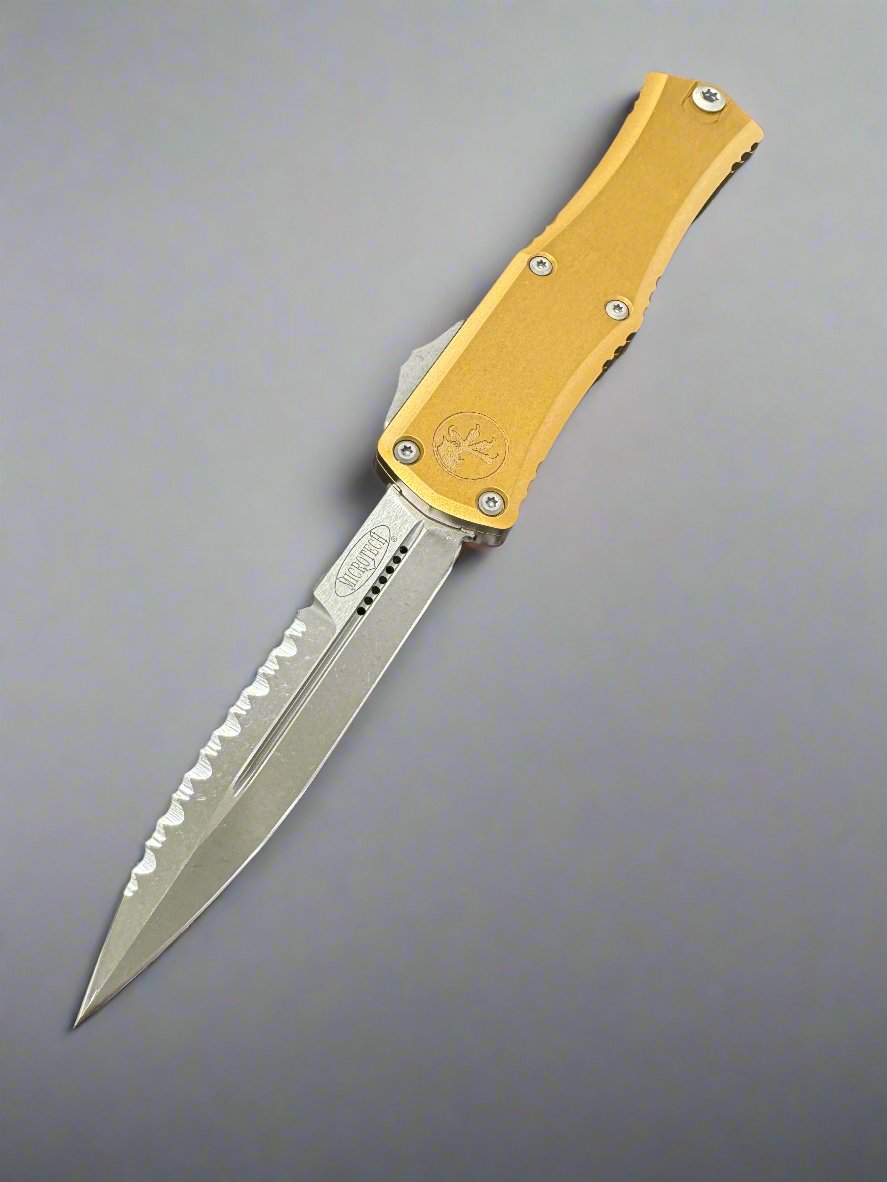 MICROTECH HERA II OTF KNIFE- MINI- BAYONET EDGE- BLACK HANDLE- APOCALYPTIC FULL SERRATED BLADE 1701M-12 APTA