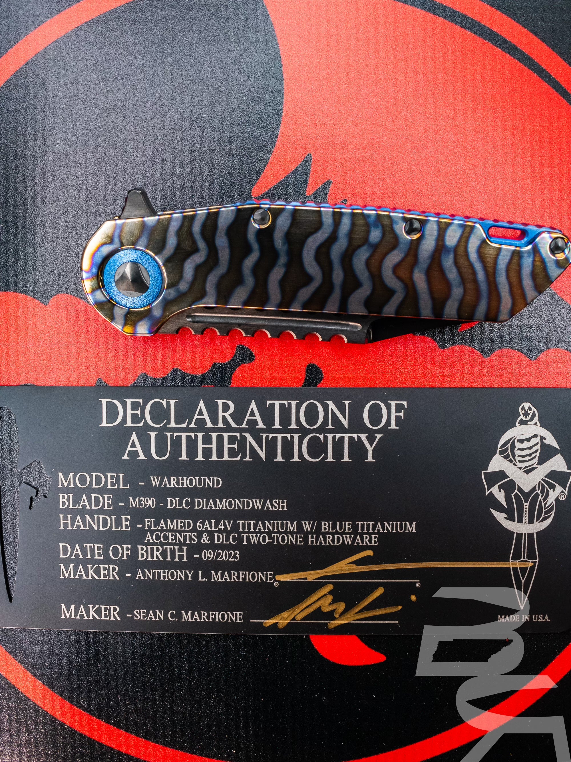 Marfione Custom Warhound DLC Diamondwash Flamed Titanium w Blue Titanium Accents & DLC Two Tone Hardware