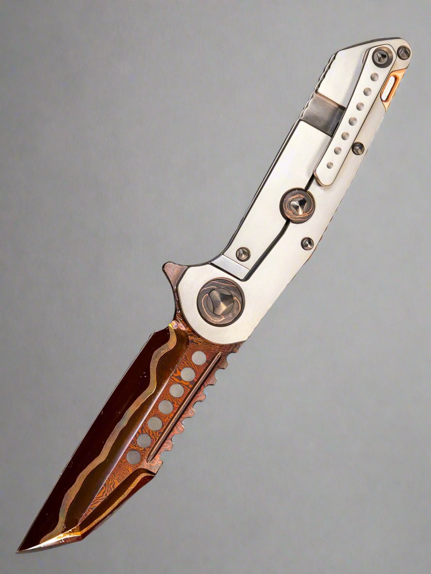 Marfione Custom Knives Warhound Sunset GoMai Baker Forge Damascus w/ Titanium & Protech Composites Copper CF Inlay