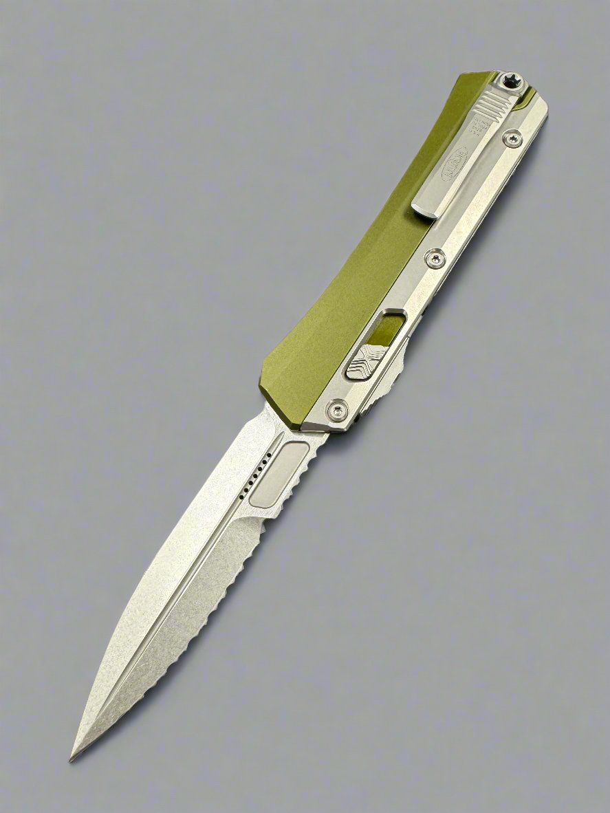Microtech 184-11 OD Glykon AUTO OTF Knife 3.75" Stonewash Double Combo Edge Bayonet Blade, Green Aluminum Handles with Titanium Overlays