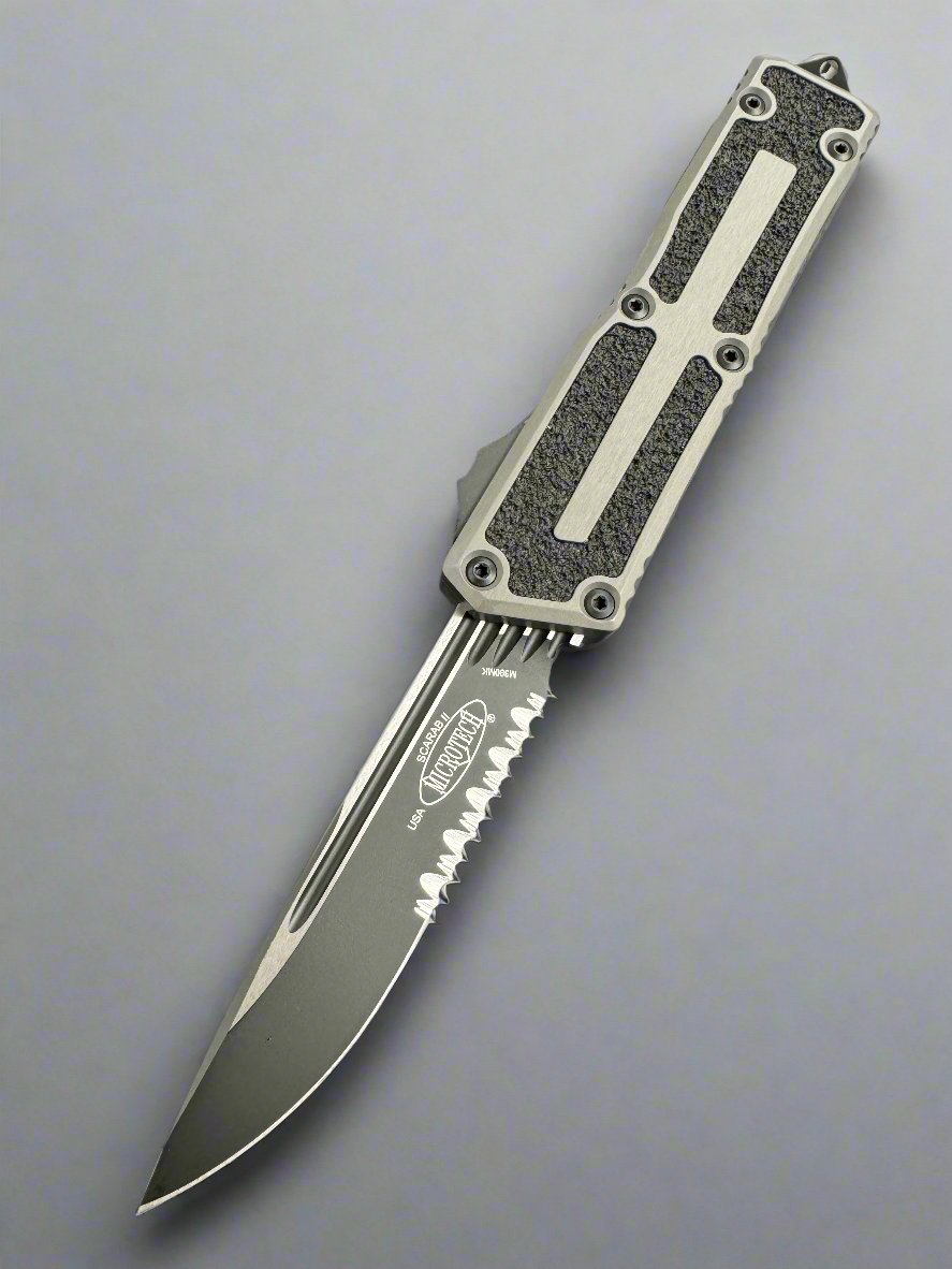 MICROTECH SCARAB 2 2024- SINGLE EDGE- NATURAL CLEAR FINISHED HANDLE- BLACK Partial Serrated EDGE BLADE - Scarab II - 1278-2 NC