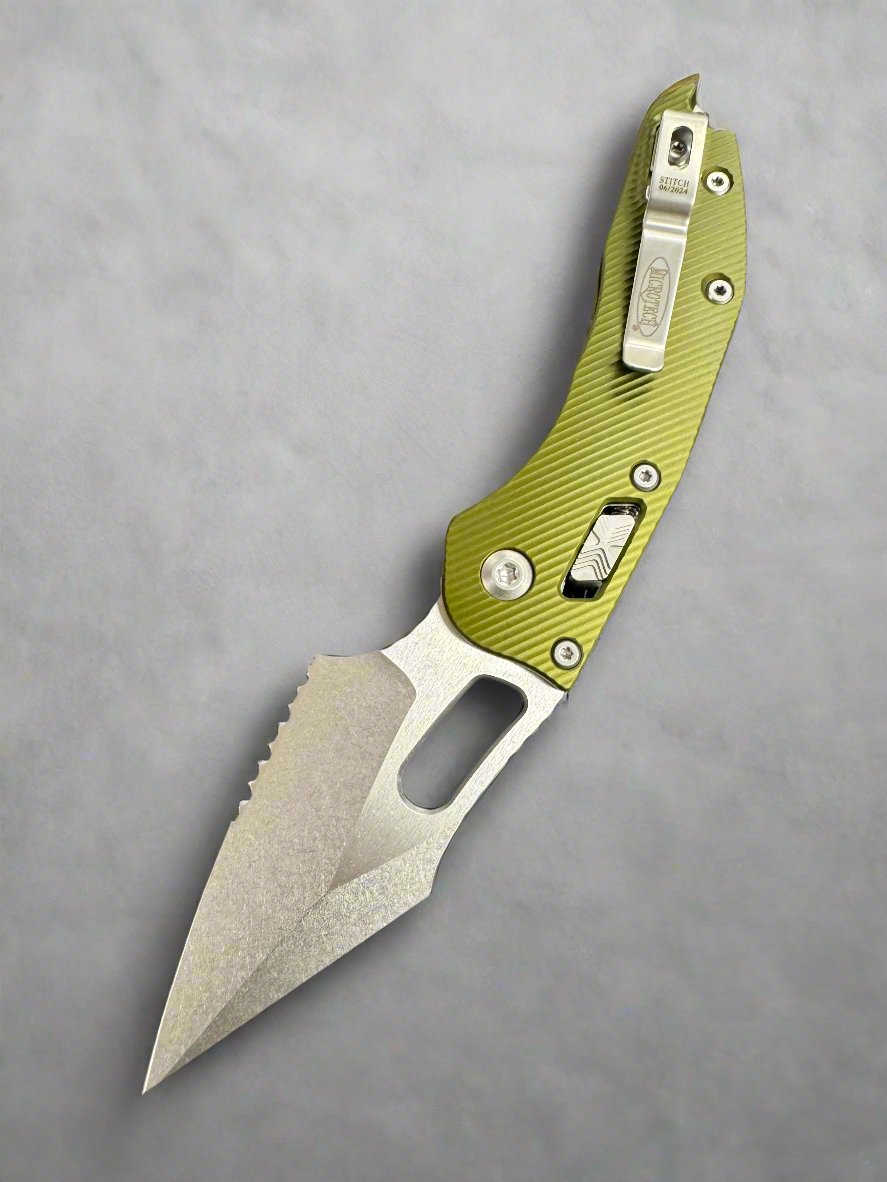 Microtech Knives Manual Stitch RAM LOK Fluted OD Green Aluminum & Partial Serrated M390MK Stonewash Standard 169RL-11 FLOD