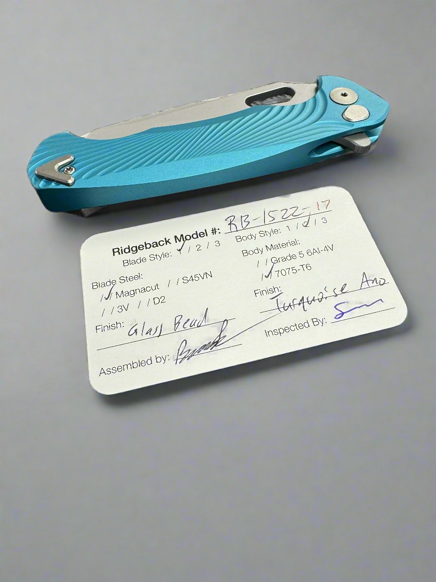 Dead Reckon Knives Ridgeback - Aluminum Turquoise, Modified Blade Shape, Series 1, Magnacut, Button Lock, Glass Bead Matte