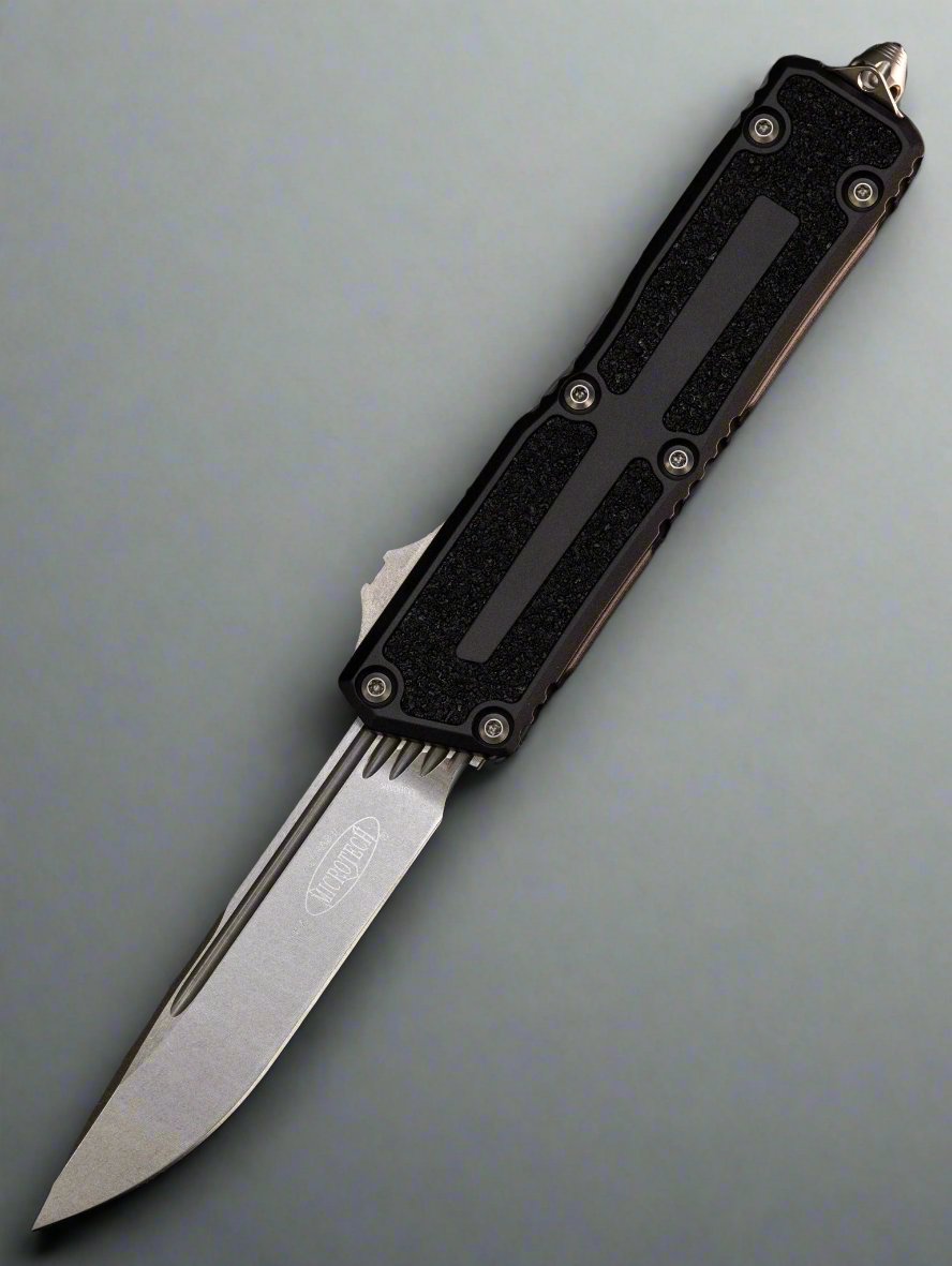 MICROTECH SCARAB 2 2023- SINGLE EDGE- BLACK HANDLE- Stonewash BLADE - Scarab II -1278-10