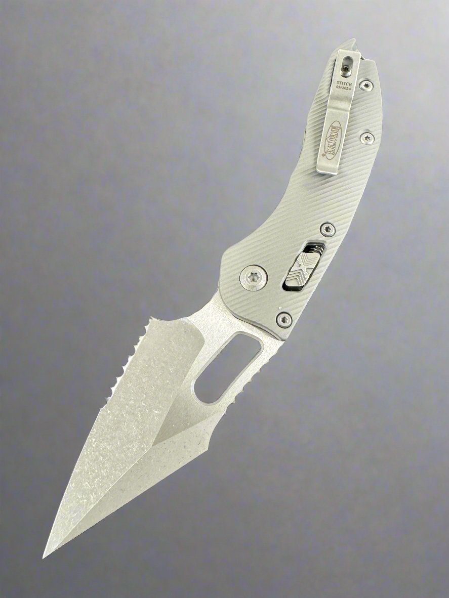 Microtech Knives Manual Stitch RAM LOK Fluted Apocalyptic Natural Clear Partial Serrated M390MK 169RL-11 APFLNC