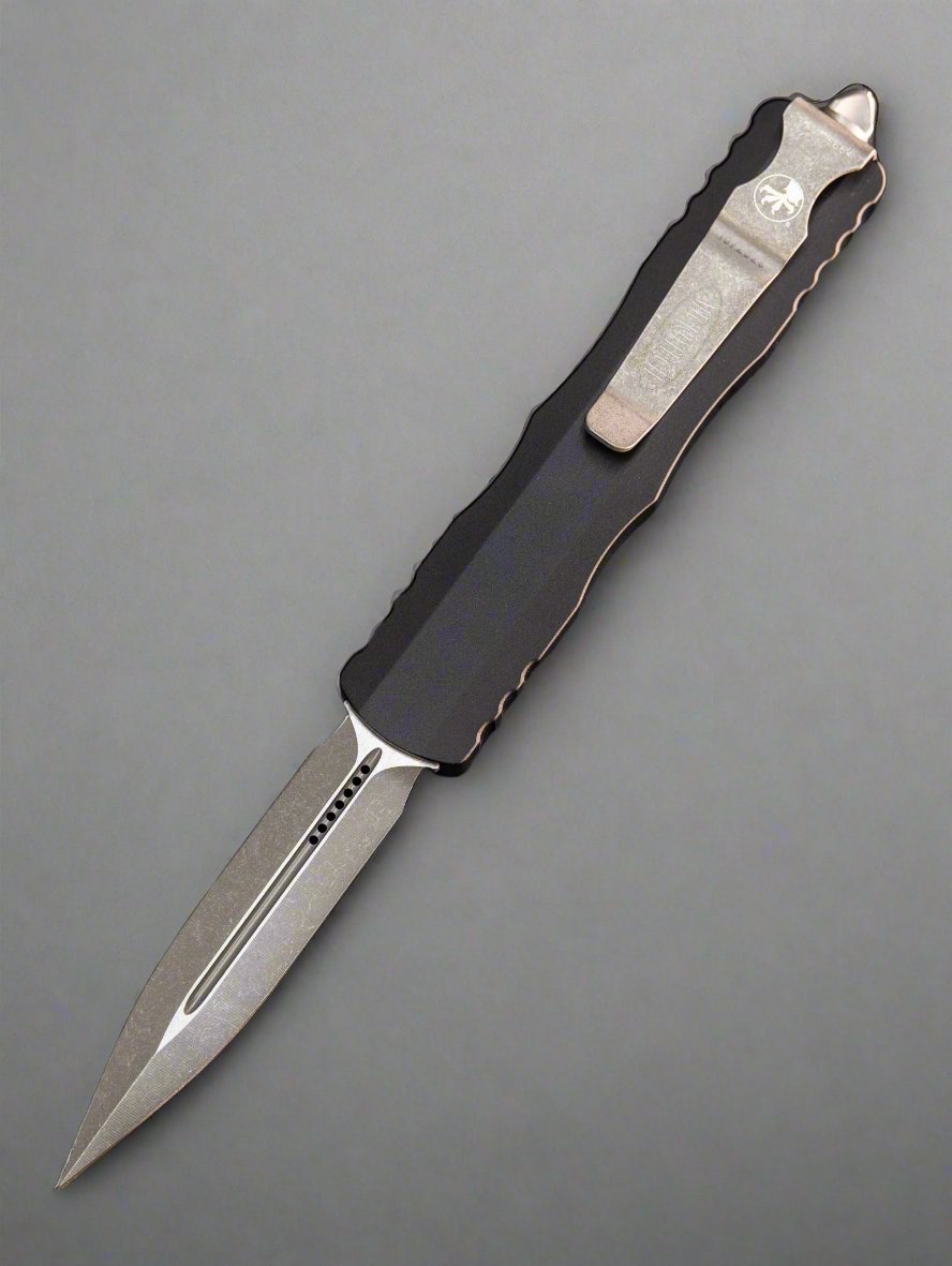 Microtech 225-10 Dirac AUTO OTF Knife 2.92" Stonewashed Double Edge Dagger Blade, Black Aluminum Handles