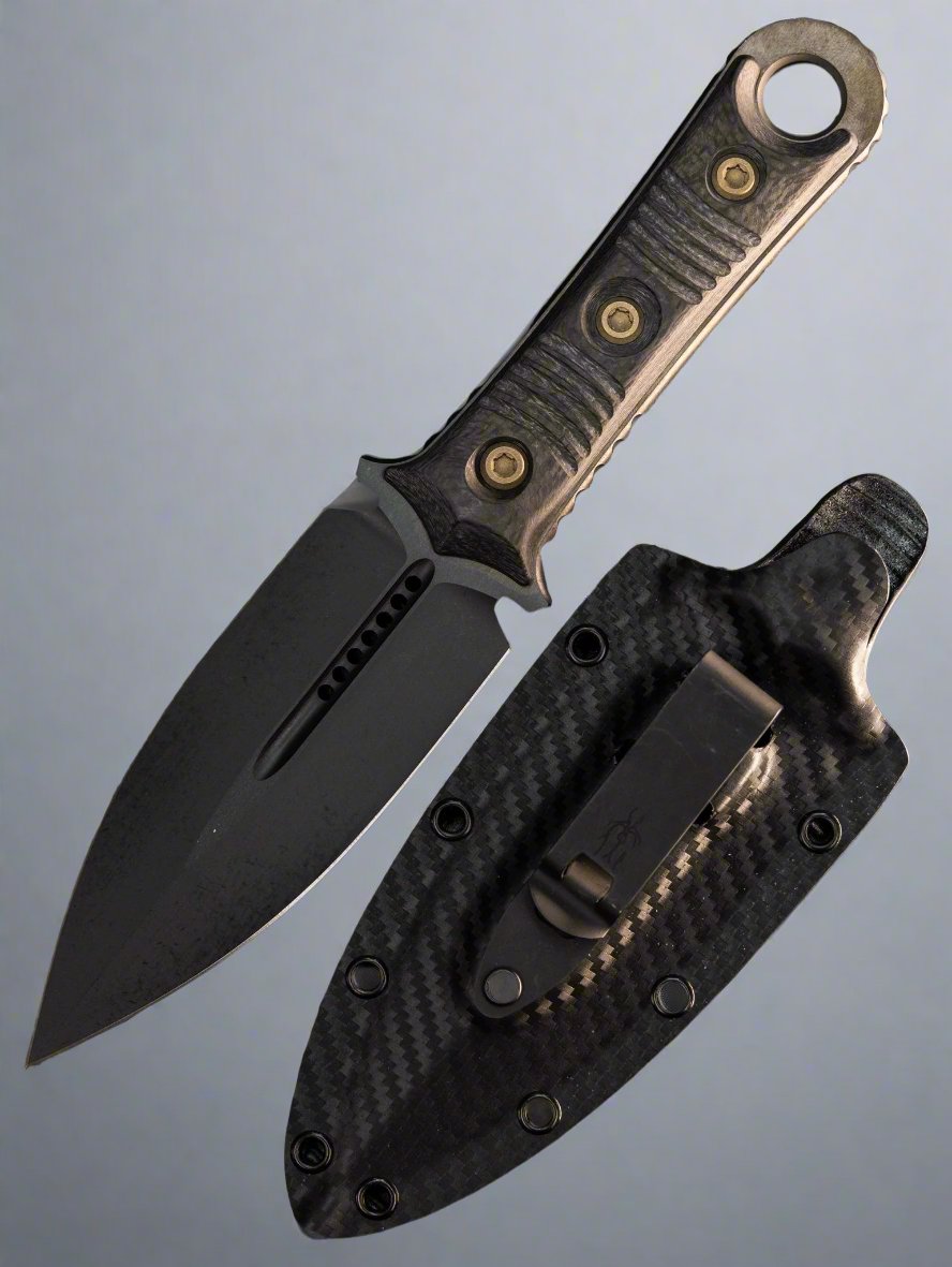 Microtech/Borka Blades 201-1DLCCFS Signature Series SBD Fixed Blade Knife 4.375" Black DLC Double Edge Dagger Blade, Milled Carbon Fiber Handles, Kydex Sheath