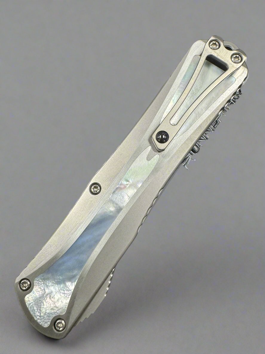 Pre Owned Heretic Knives Manticore X Hand Ground Vegas Forge Blued Damascus D/E & Hefted Stainless Steel Handle w/ Mother of Pearl Inlays