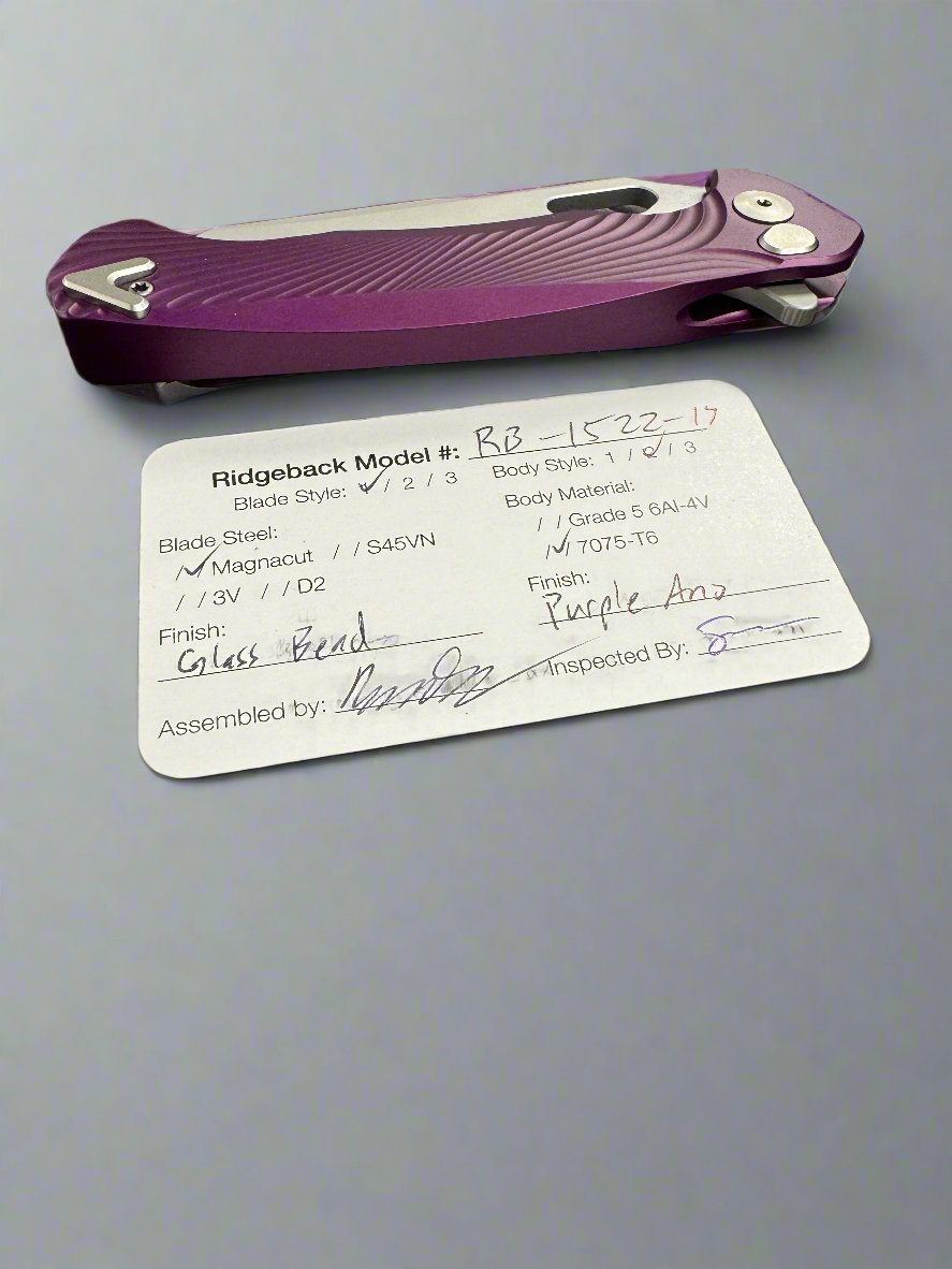 Dead Reckon Knives Ridgeback - Aluminum Purple, Modified Blade Shape, Series 1, Magnacut, Button Lock, Glass Bead Matte