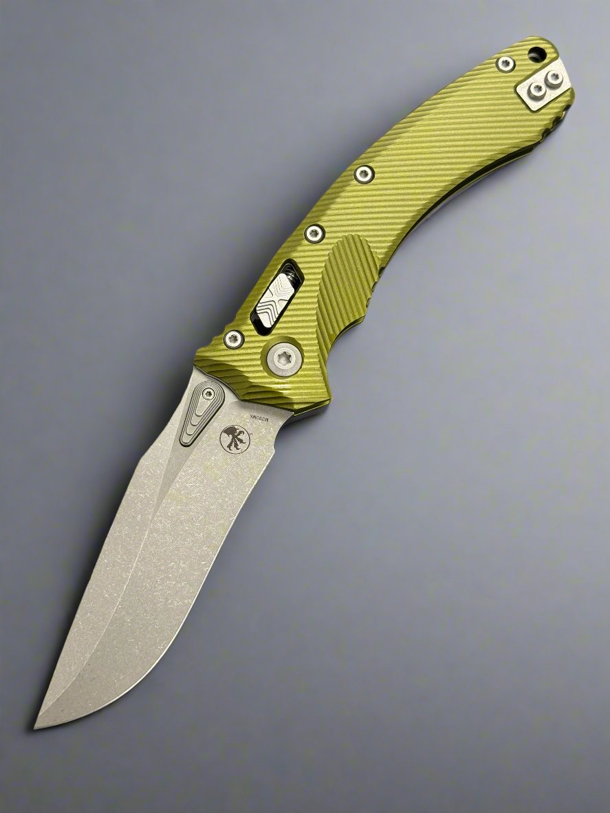 Microtech Amphibian RAM LOK OD Green Fluted Aluminum & Apocalyptic M390MK 137RL-10 APFLOD