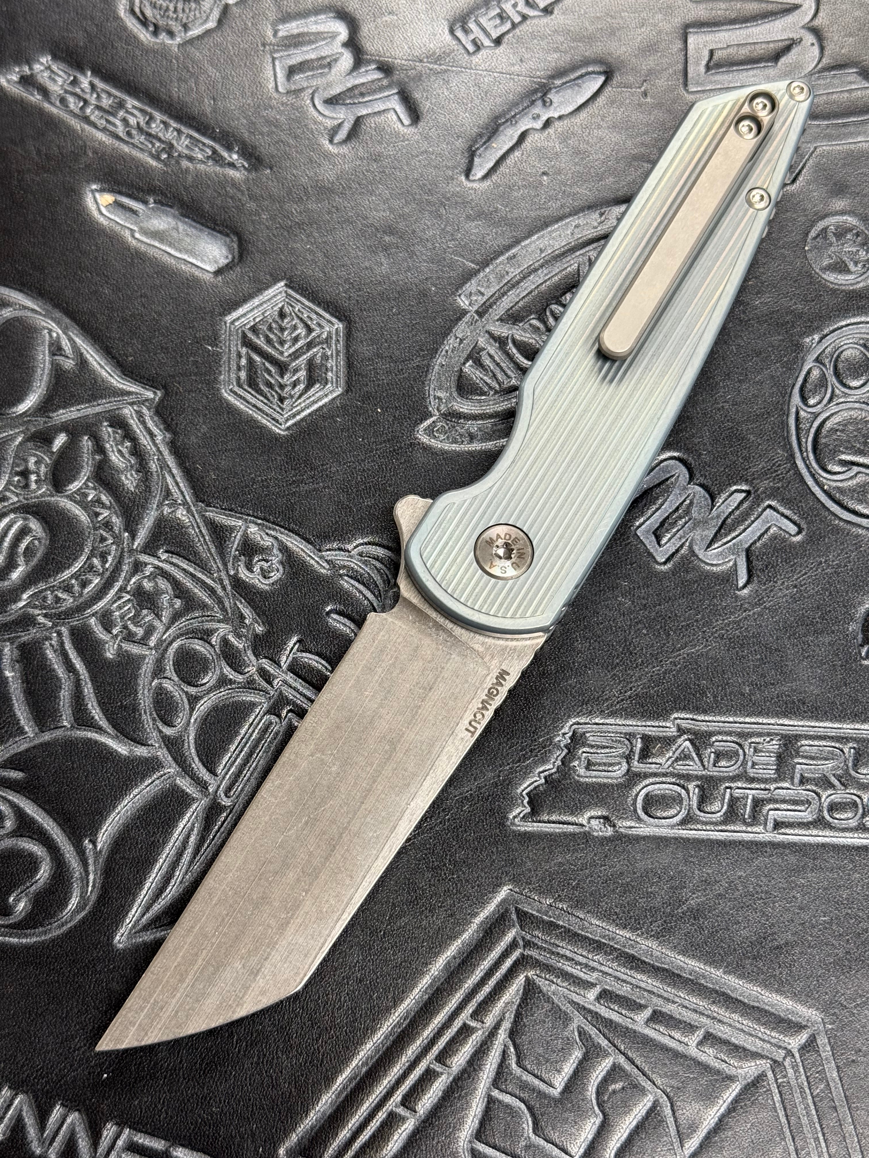 American Blade Works MODEL 2 TITANIUM Factory Light Blue Ano Wharncliffe Magnacut