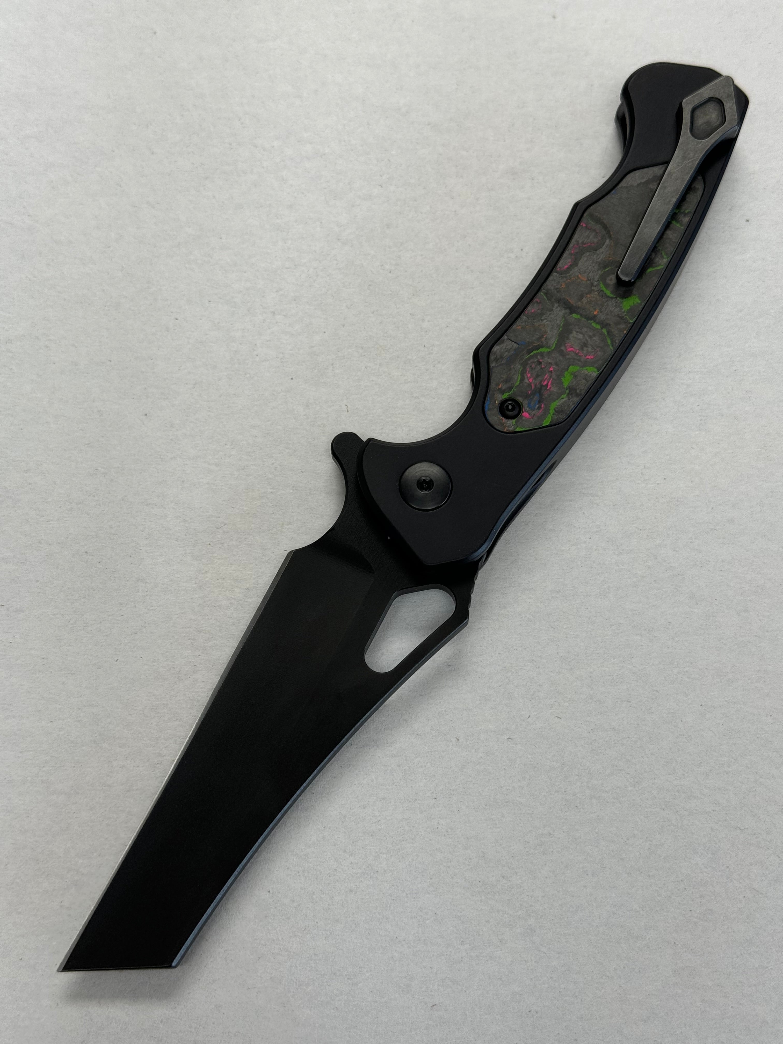 Dead Reckon Knives Ridgeback - 80s Camo Carbon in Series 2 Black Aluminum - WharnCleaver 3V SbNi - Button Lock - RB-2332-37 BR OP Exclusive