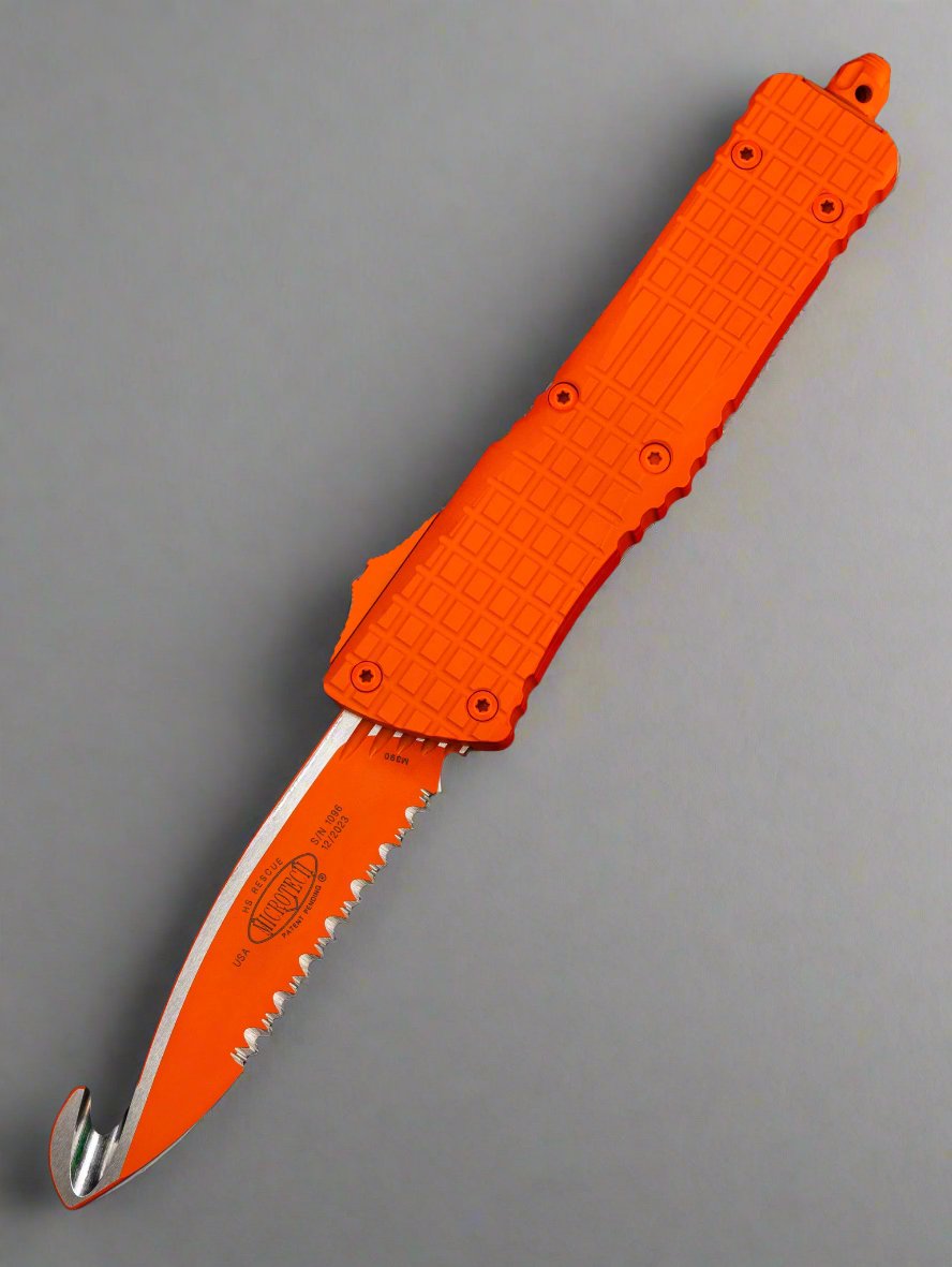 MICROTECH COMBAT TROODON OTF KNIFE- FRAG- HS RESCUE- CERAKOTE ORANGE HANDLE- ORANGE FULL SERRATED BLADE 601-3 CORHS