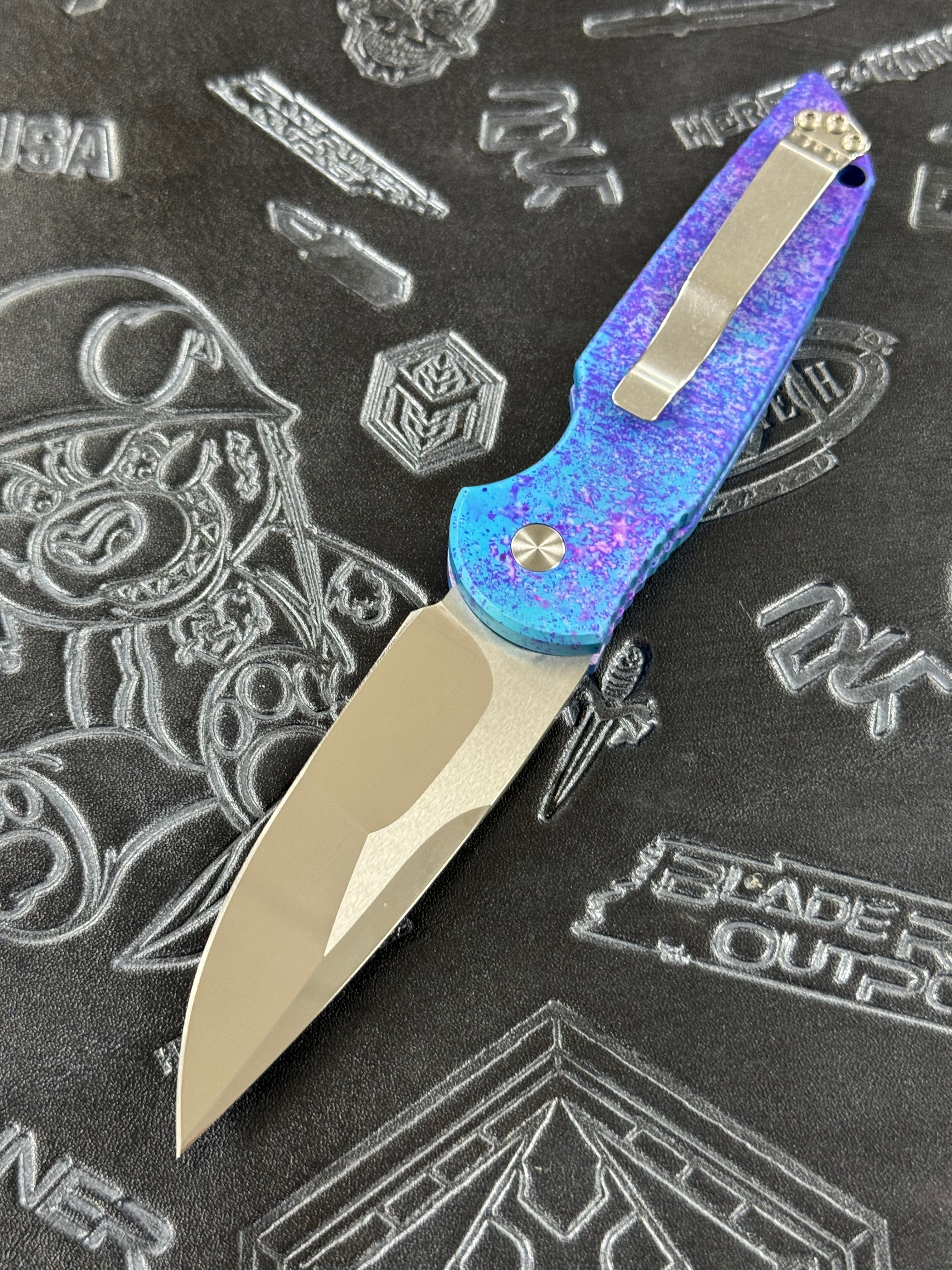 Pro-Tech Knives TR-3 Tactical Response 3 Auto Knife - Solid Jazz Custom Anodized Handle, Mike Irie Compound Ground Blade 3.5" Pearl Button 20324TR-3Custom001