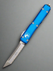 MICROTECH ULTRATECH OTF KNIFE- TANTO EDGE- BLUE HANDLE- STONEWASH FULL SERRATED BLADE 123-12 BL
