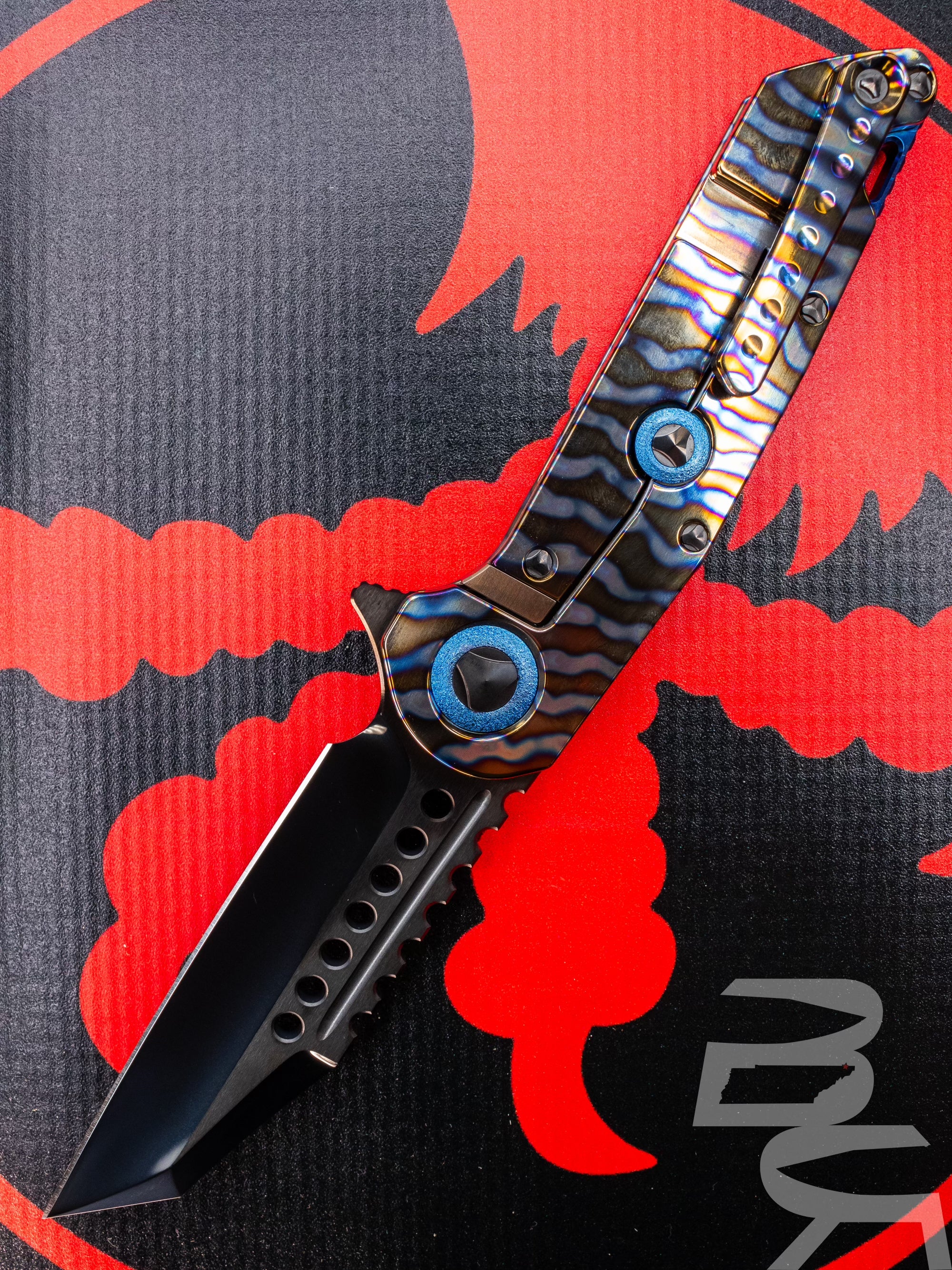 Marfione Custom Warhound DLC Diamondwash Flamed Titanium w Blue Titanium Accents & DLC Two Tone Hardware