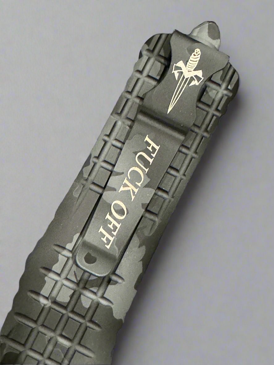 Microtech Combat Troodon Delta Frag Urban Camo Full Serrated 1/1 “F Off” Marfione Personal Collection