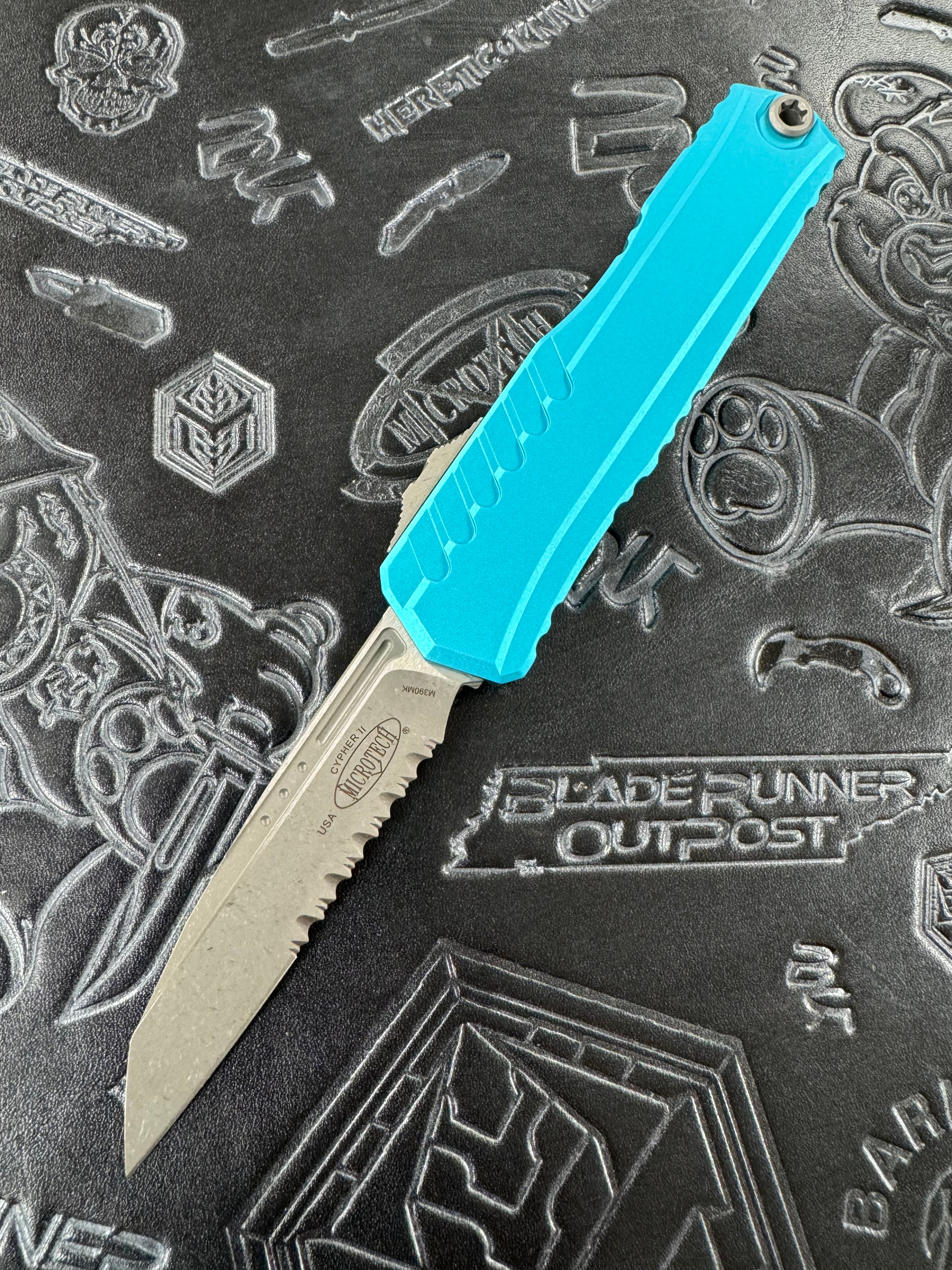 Microtech Cypher II S/E Partial Serrated Apocalyptic w/ Turquoise Handle 1241-11 APTQ