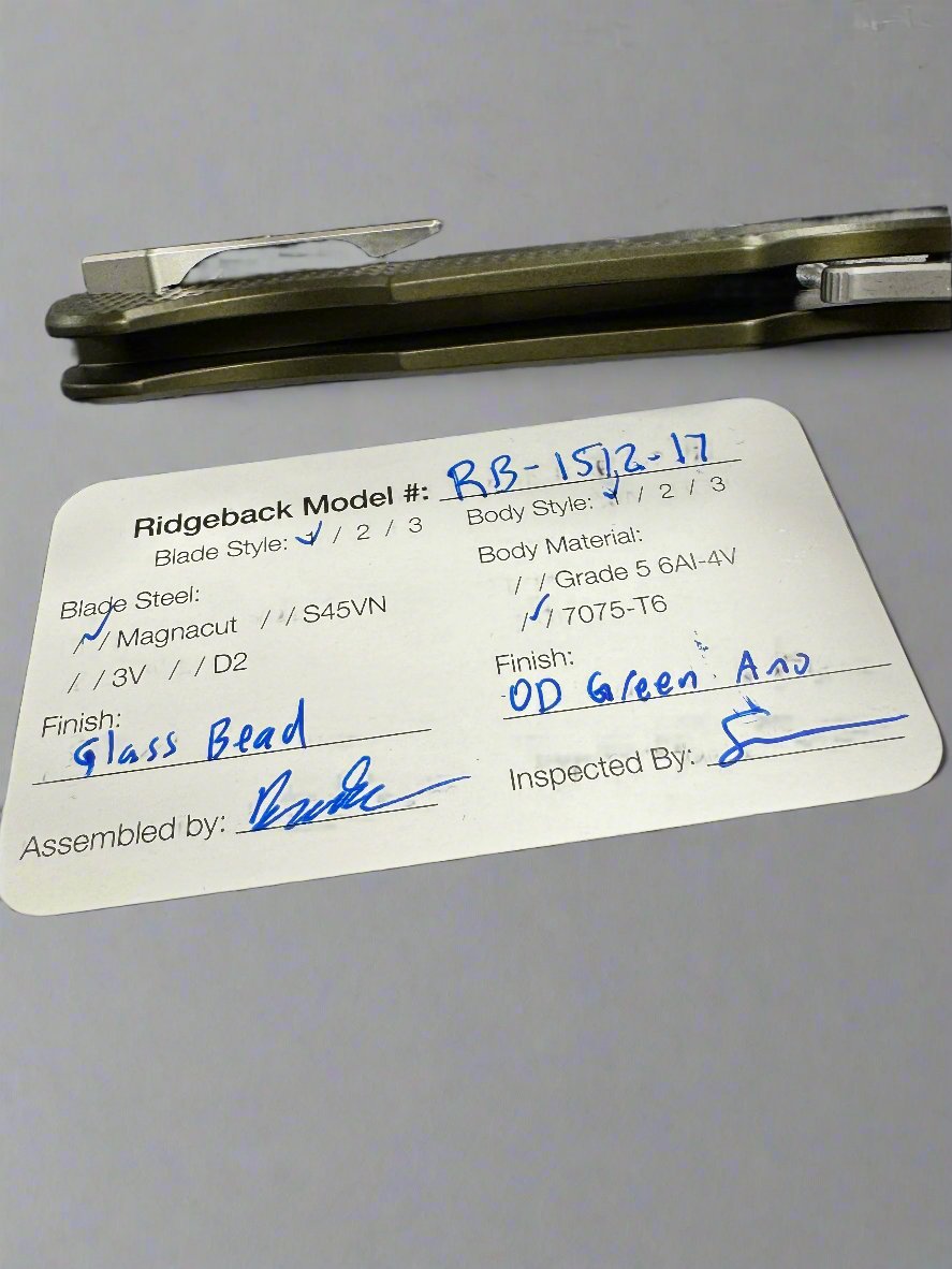 Dead Reckon Knives Ridgeback - Aluminum OD Green, Modified Blade Shape, Series 2, Body 1, Magnacut, Button Lock, Glass Bead Finish