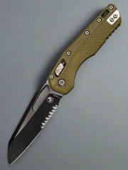 MICROTECH KNIVES- M.S.I. RAM-LOK FOLDER- OD GREEN TRI-GRIP INJECTION MOLDED HANDLE- BLACK PART SERRATED EDGE BLADE- BEAD BLAST HARDWARE 210T-2 PMOD