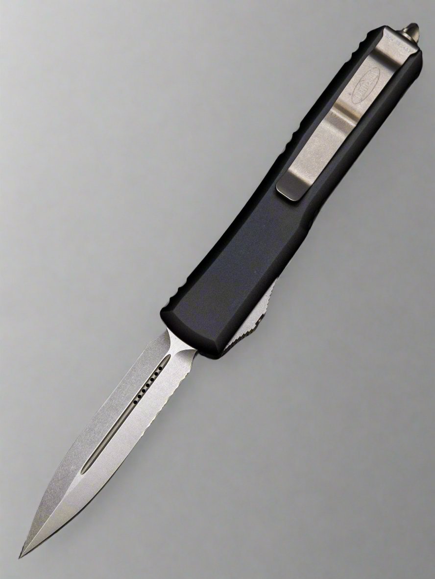 MICROTECH ULTRATECH OTF KNIFE- DOUBLE EDGE- WITH PART SERRATED STONEWASH BLADE 122-11