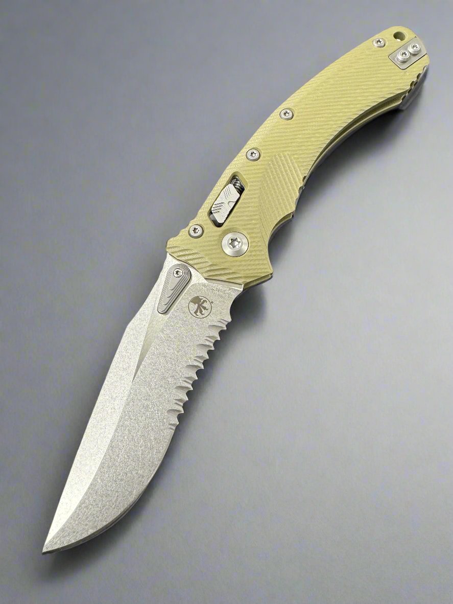 Microtech Amphibian RAM LOK OD Green Fluted G-10 & Stonewash Partial Serrated M390MK 137RL-11 FLGTOD