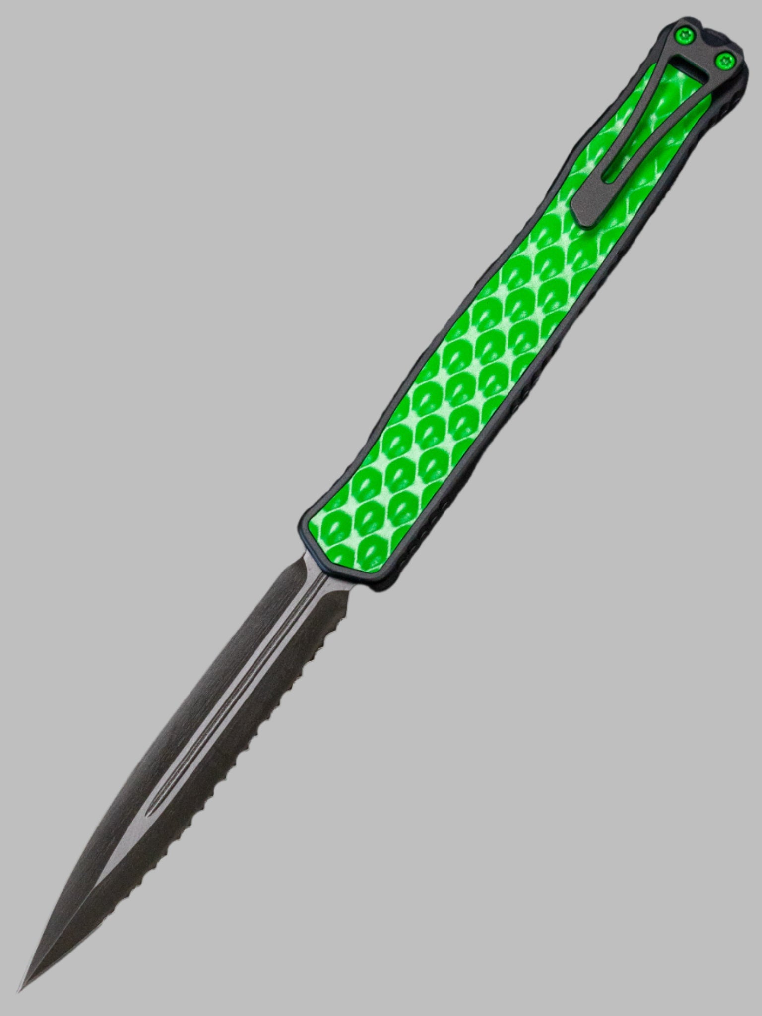 Heretic Knives Cleric II 2 Toxic Green Bubble Inlaid w/ DLC Full Serrated Double Edge Magnacut