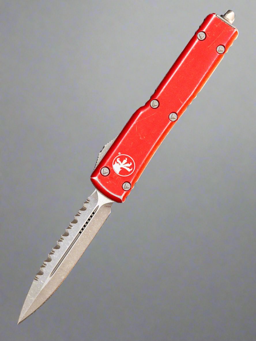 Microtech 147-12DRD UTX-70 AUTO OTF Knife 2.41" Apocalyptic Plain/Serrated Double Edge Dagger Blade, Distressed Red Aluminum Handles