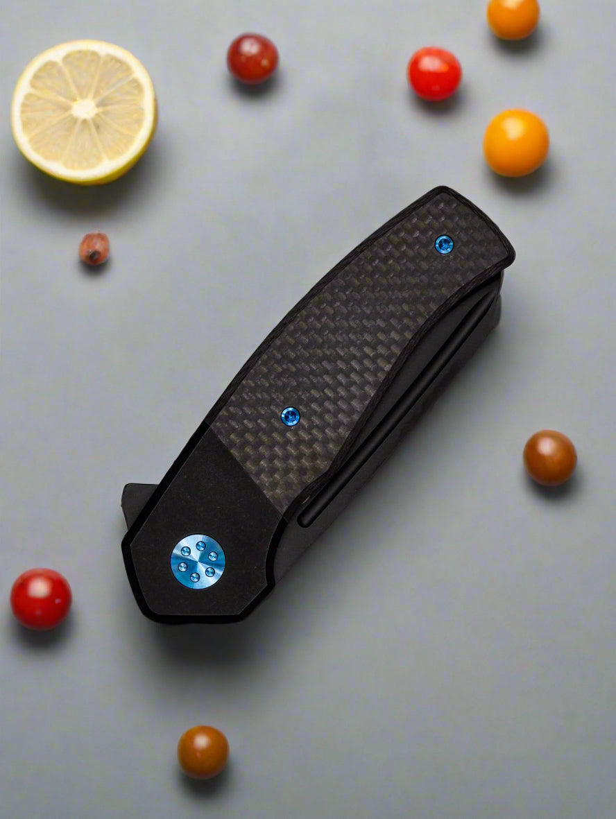Beans Blades Mini Warrior Folder - Black Carbon Fiber, Titanium Handle, Blue Accents, PVD M390