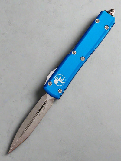 MICROTECH ULTRATECH OTF KNIFE- DOUBLE EDGE- BLUE HANDLE- STONEWASH PLAIN EDGE BLADE 122-10 BL
