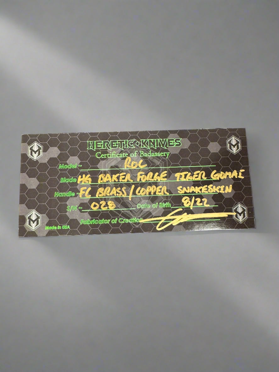 Pre Owned Heretic ROC Fat Carbon Brass & Copper Snakeskin with Baker Forge Tiger GoMai