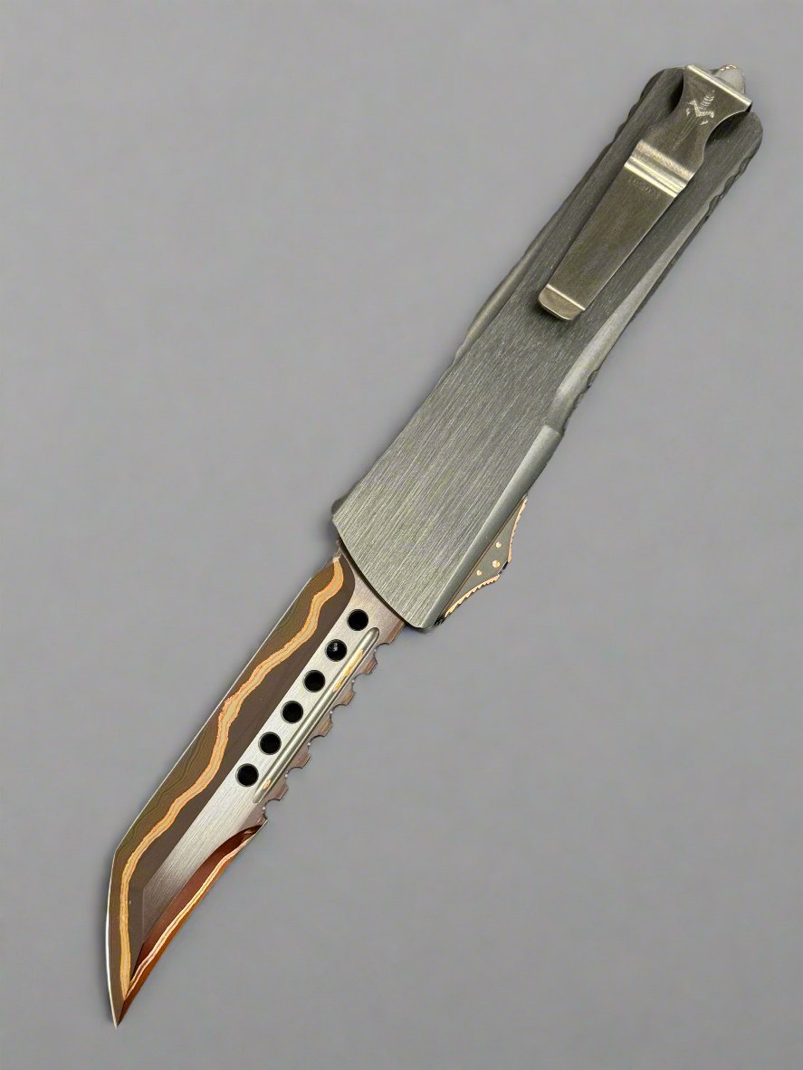 Pre Owned Marfione Custom Knives Combat Troodon Hellhound Hot Blued Volcanic River Pattern Baker Forge w/ Hefted Black Handle & Copper Ringed Hardware - See Certificate
