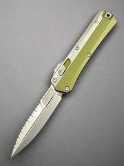 Microtech 184-11 OD Glykon AUTO OTF Knife 3.75" Stonewash Double Combo Edge Bayonet Blade, Green Aluminum Handles with Titanium Overlays