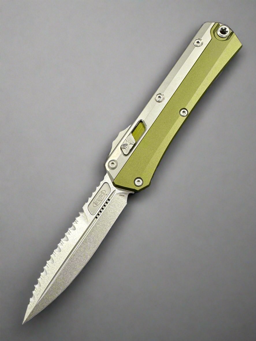 Microtech 184-11 OD Glykon AUTO OTF Knife 3.75" Stonewash Double Combo Edge Bayonet Blade, Green Aluminum Handles with Titanium Overlays