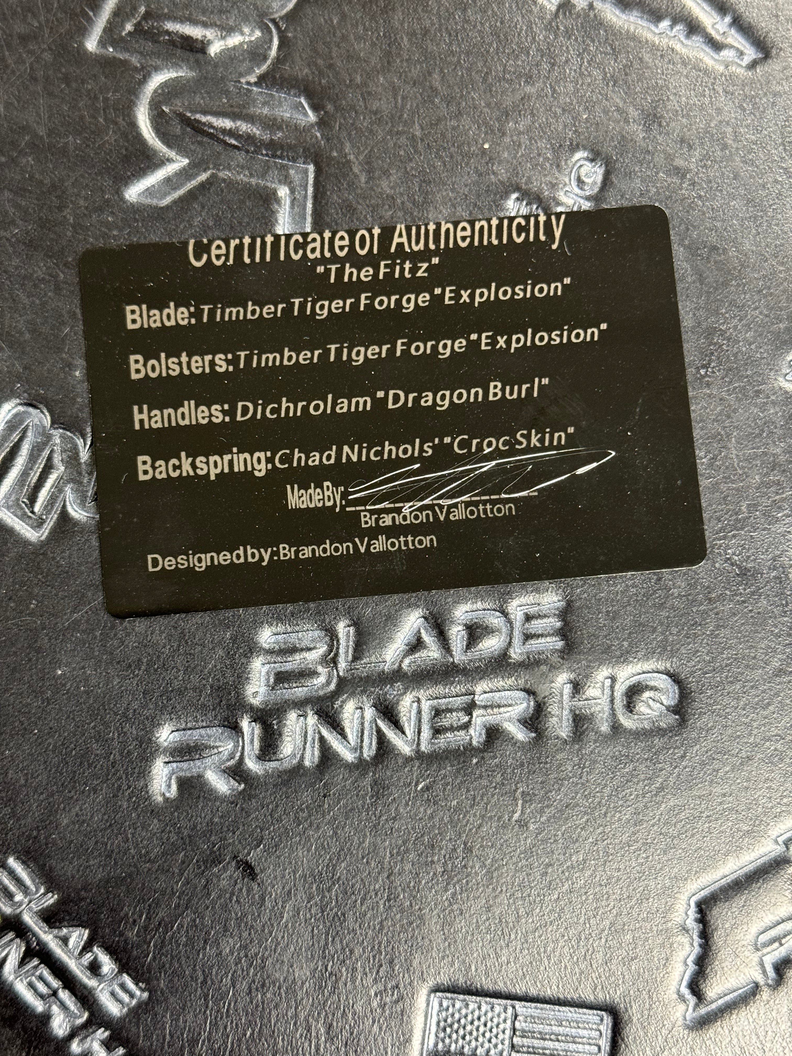 Valloton, Brandon - “The Fitz” Timber Tiger Forge “Explosion” Blade Dichrolam “DragonBurl” Handle D/A Custom