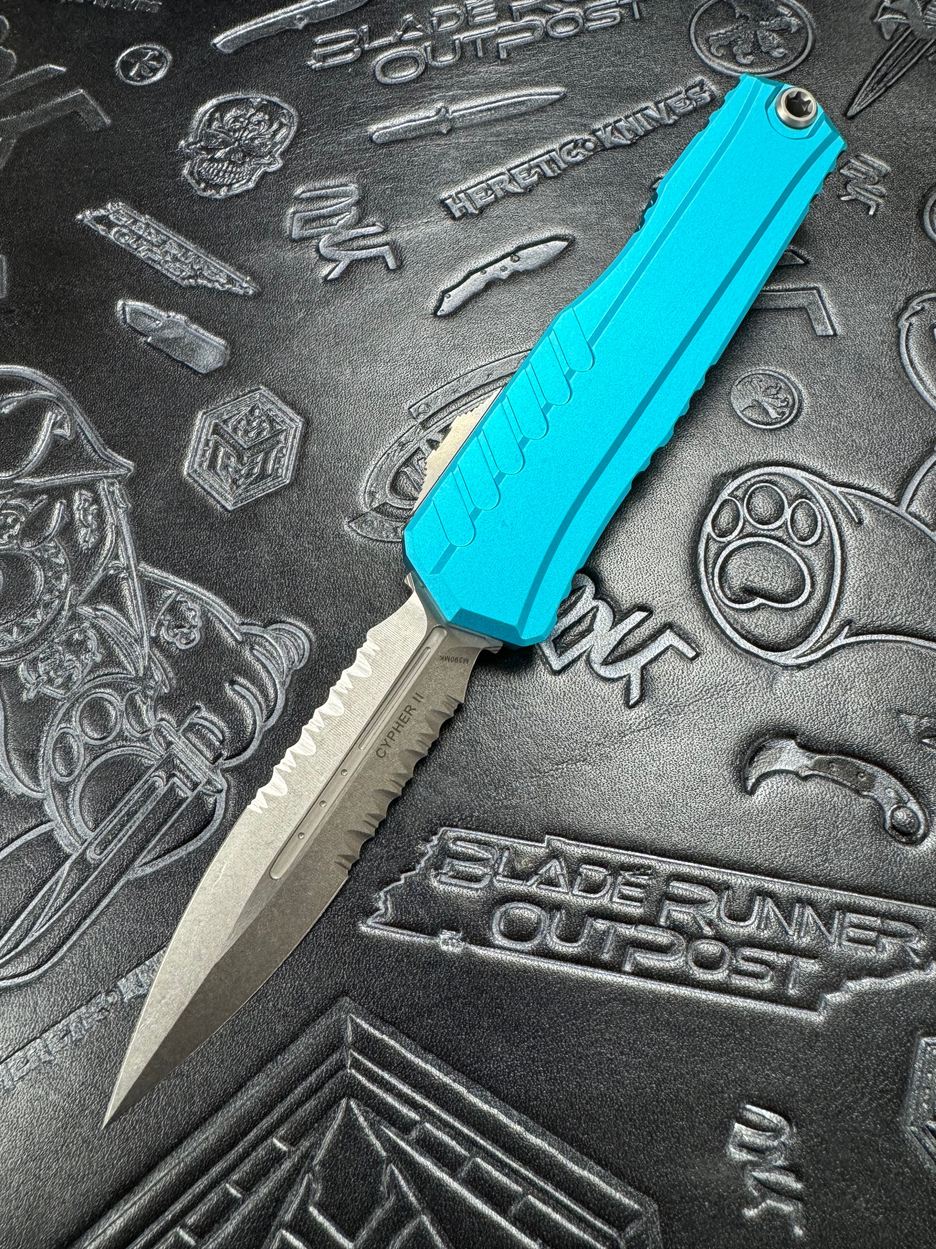 Microtech Cypher II D/E Stonewash Partial Serrated w/ Turquoise Handle 1242-11 TQ