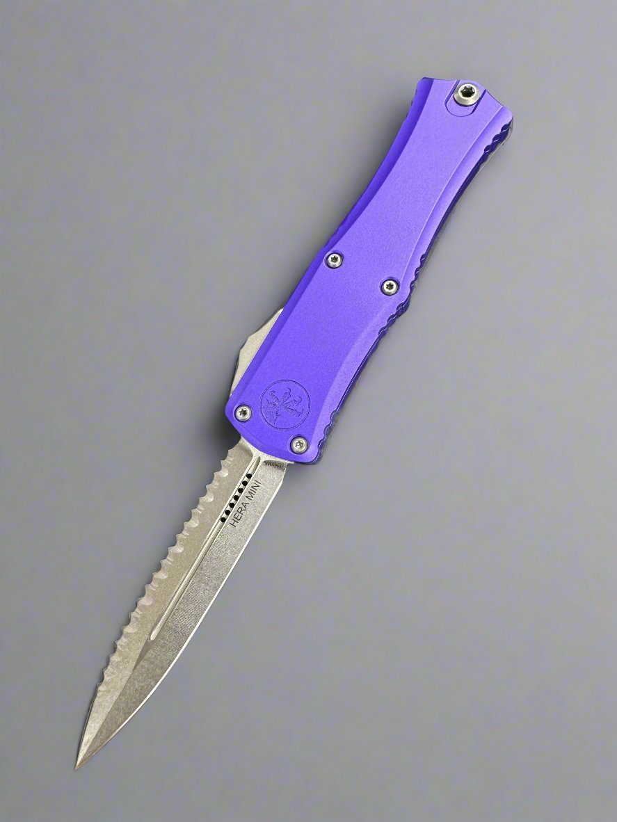Microtech Knives Mini Hera Stonewash Double Edge Full Serrated M390MK w/ Purple Handle 1702M-12 PU