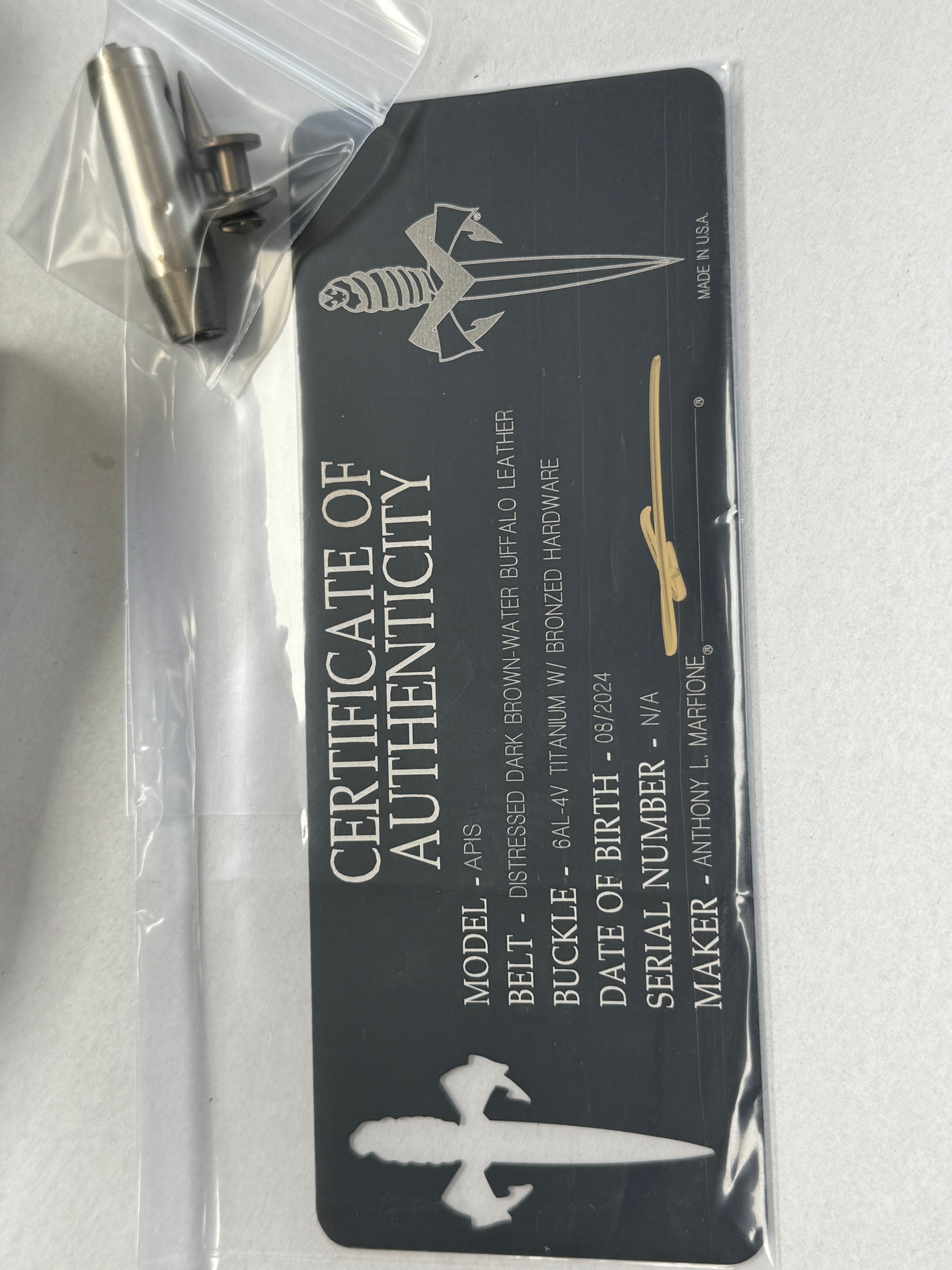 Marfione Customs APIS Mens Distressed Dark Brown Water Buffalo Leather Belt w/ Bronzed Titanium Hardware