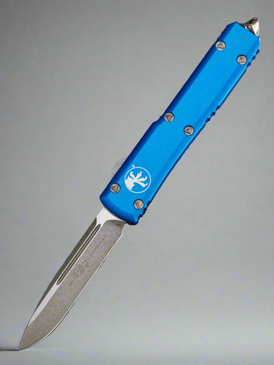 MICROTECH ULTRATECH OTF KNIFE- SINGLE EDGE- BLUE HANDLE- APOCALYPTIC BLADE 121-10 APBL