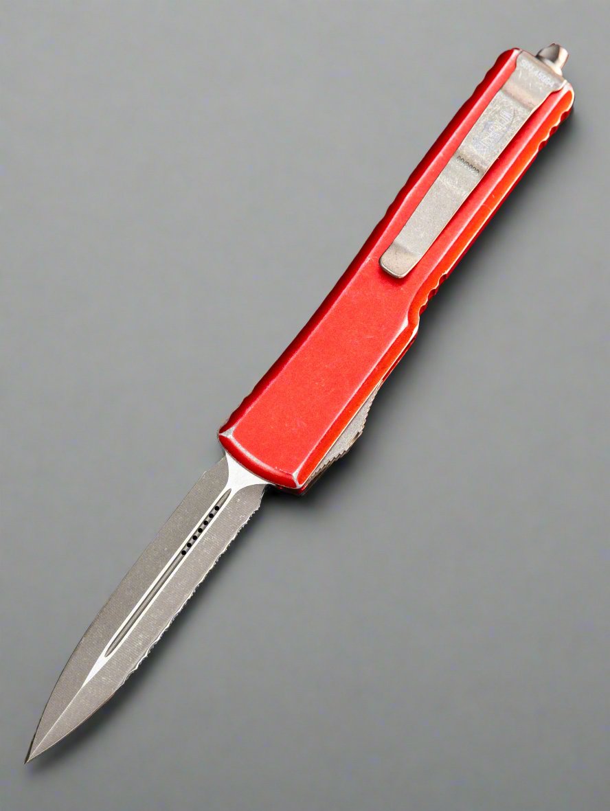 Microtech 147-12DRD UTX-70 AUTO OTF Knife 2.41" Apocalyptic Plain/Serrated Double Edge Dagger Blade, Distressed Red Aluminum Handles